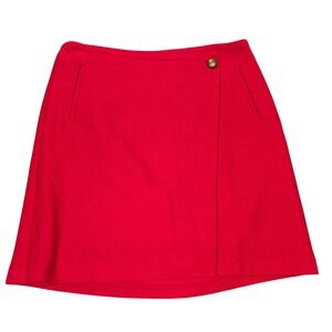 Talbots Wrap Mini Skirt Women's Size 12 Petite Red Wool Blend Brass Button Lined
